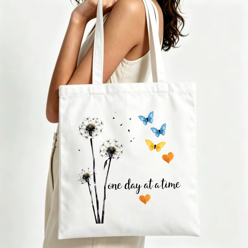 Sac fourre-tout en toile imprimé pissenlit et papillon, style décontracté pour les courses quotidien