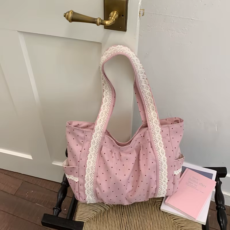 Sac fourre-tout en dentelle à pois grande capacité pour femme, sac à bandoulière pour étudiante, sac