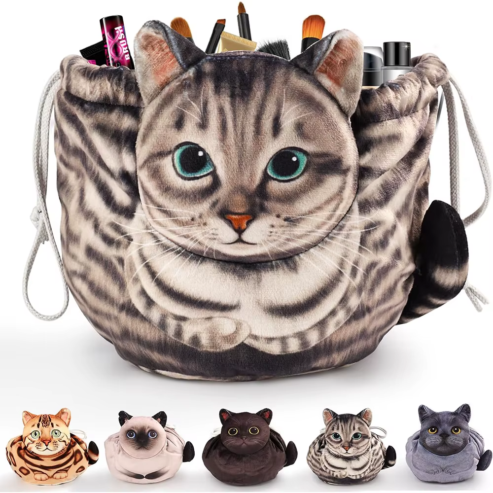 Sac de maquillage à cordon en forme de chat, grande capacité, sac cosmétique portable pour femmes, s