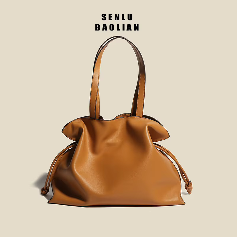 Sac à bandoulière en cuir véritable pour femme 2026, marron, avec cordon de serrage, plissé, souple,