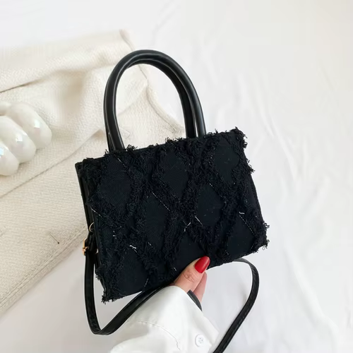 Sacs à main vintage en toile avec pompon pour femmes, design de mode, petit sac à bandoulière carré,