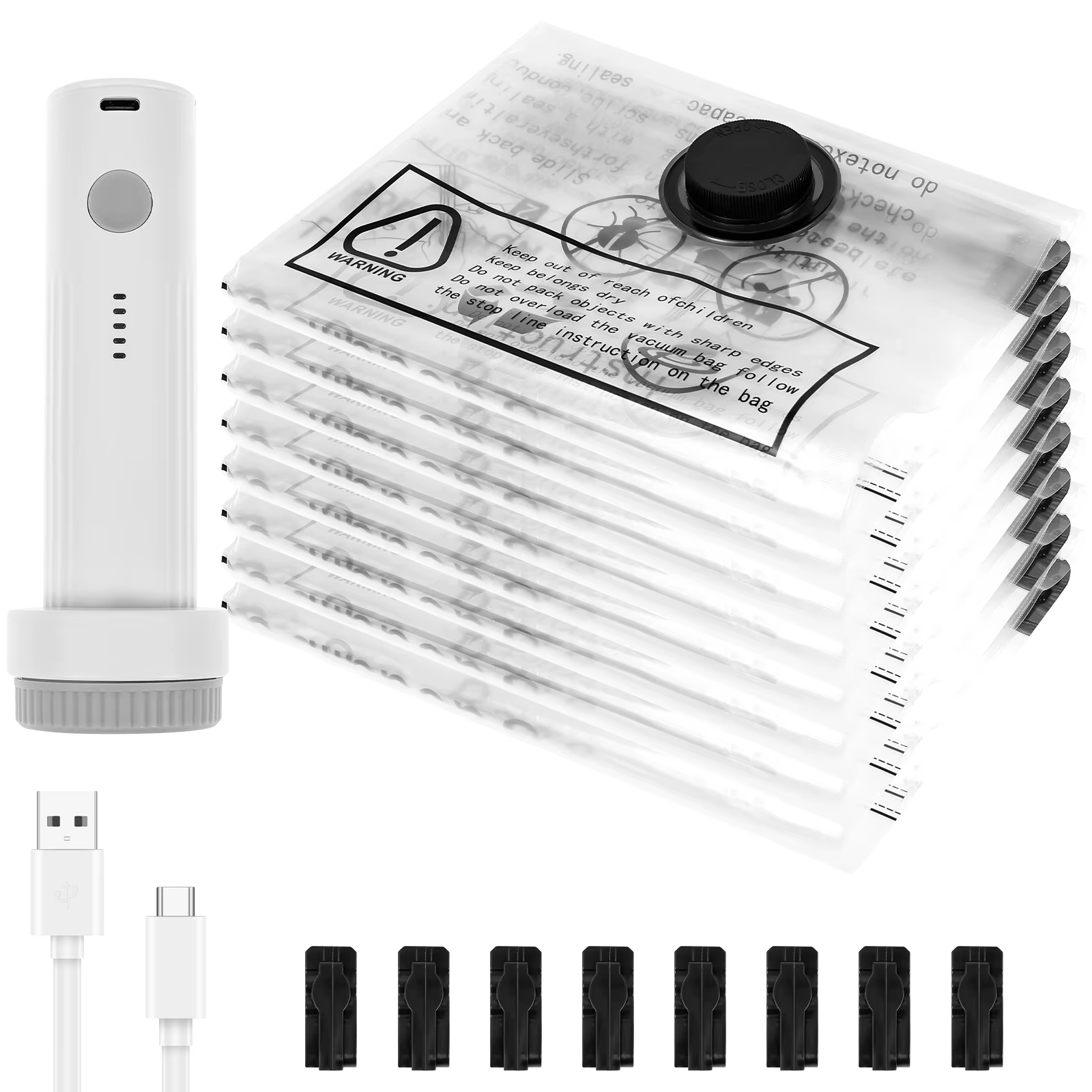 Sacs de rangement sous vide avec pompe électrique USB, 8 pièces, Compression rapide, Double fermetur