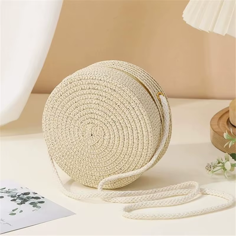 Sac à bandoulière tissé à la main en paille pour femmes, sac à main à bandoulière de couleur unie av