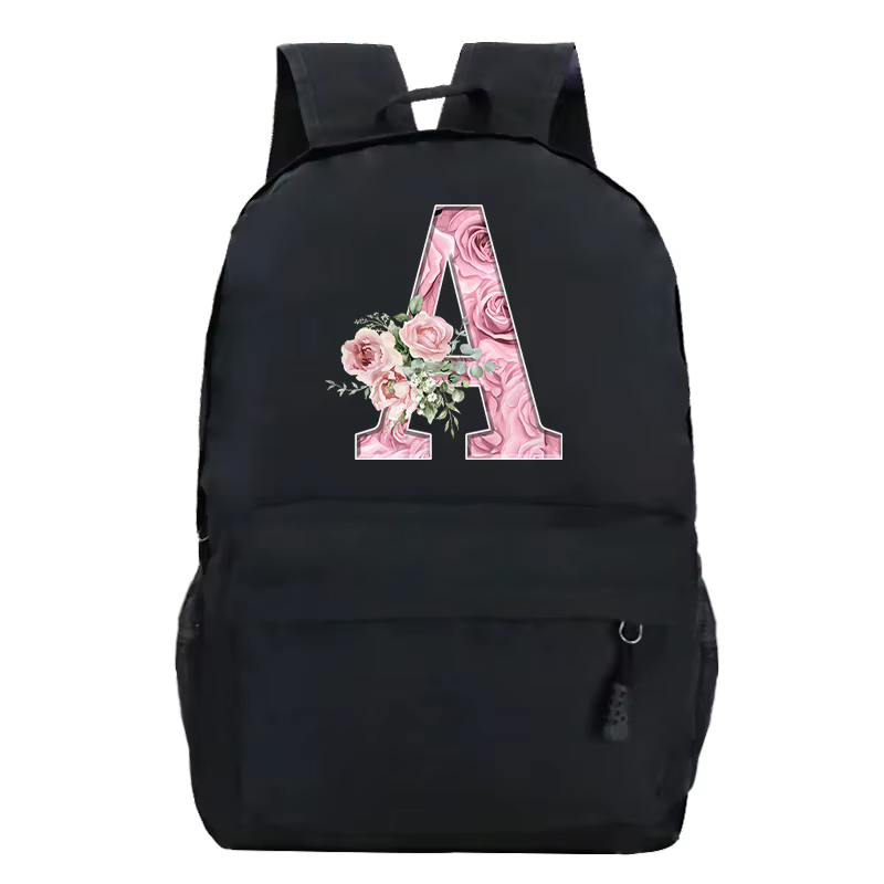 Rose Rose Alphabet sac à dos noir décontracté femmes esthétique sac à dos adolescente garçon fleur l