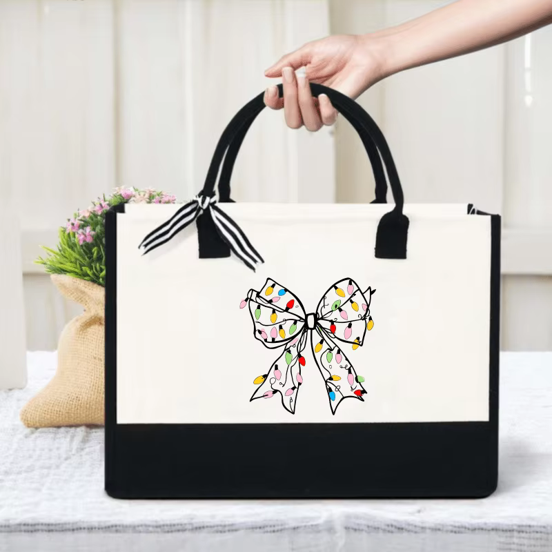 Sac à main en toile blanche avec imprimé nœud coloré, adapté à un usage quotidien