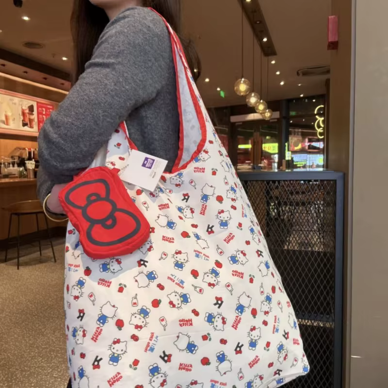Nouveau Sac de Courses 2026 Kitty Rouge Nœud Pliant Sac de Rangement Écologique Imprimé Intégral Sac