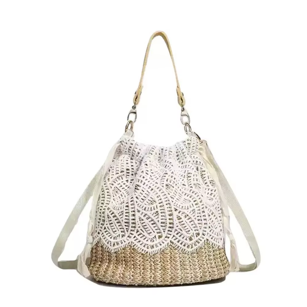 Sac à bandoulière vintage en paille et dentelle, sac fourre-tout ajouré à motif floral, sac seau gra