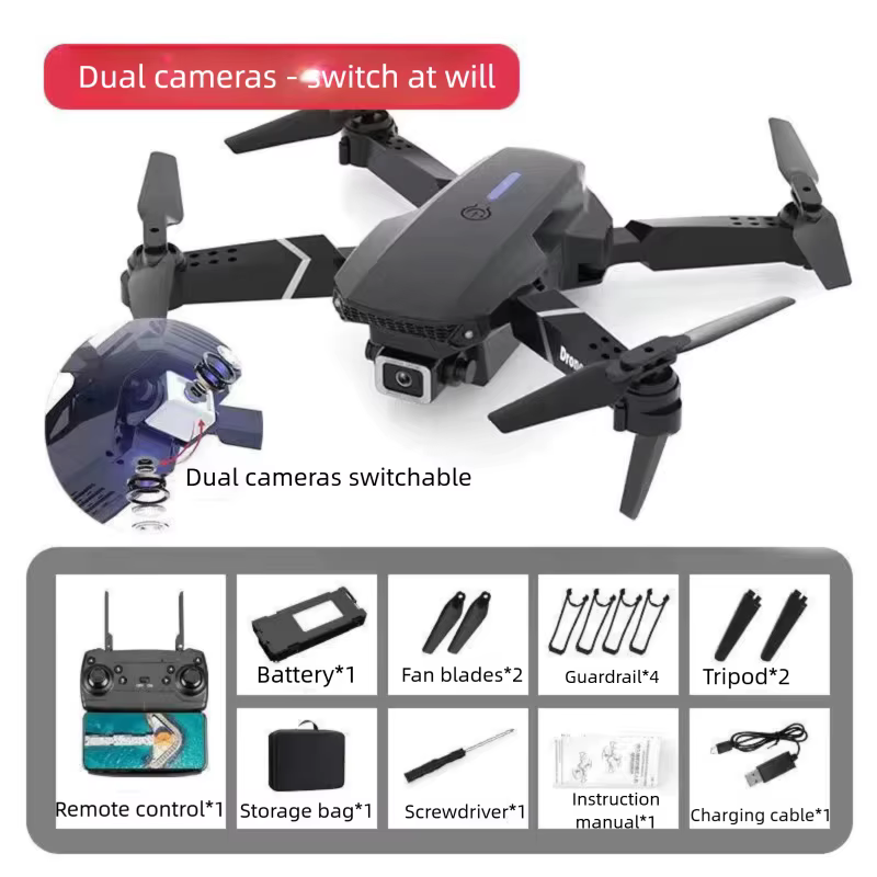 Mini drone E88 à double caméra, matériau ABS, batterie au lithium rechargeable par USB, corps pliabl