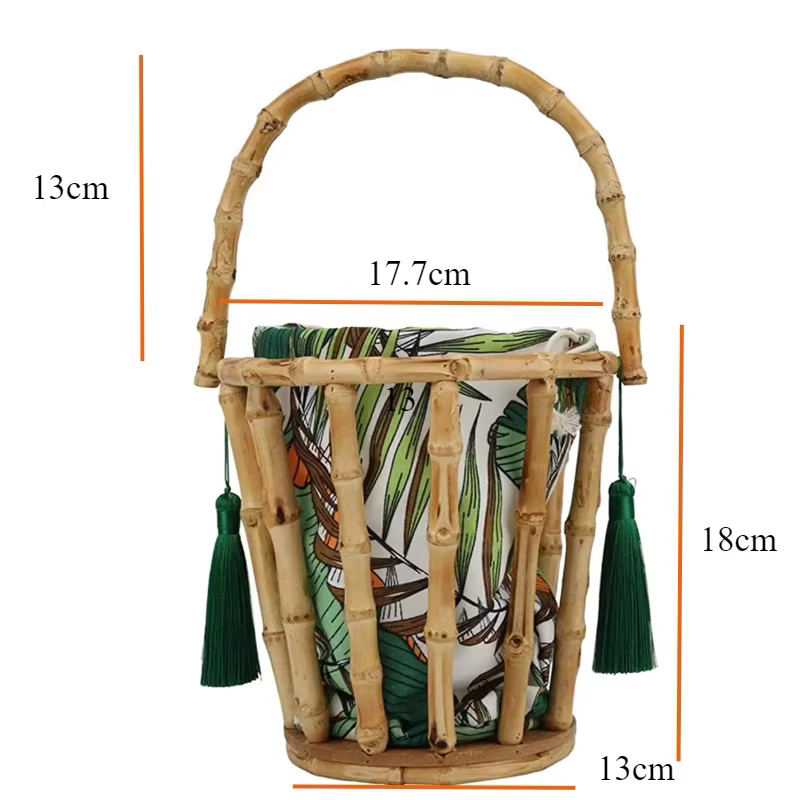 Sac rond tissé en bambou, panier de plage à main, seau avec détail de frange, sac à main écologique 