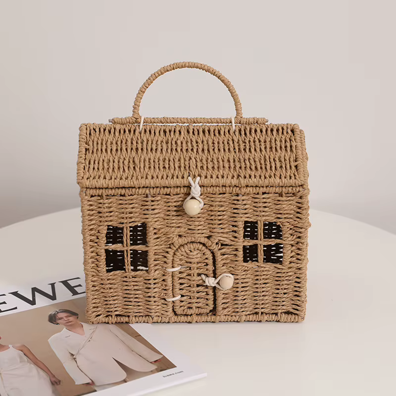 Sac en paille tissé à la main de petite maison de dessin animé, cabane Literdesign, sac à main pour 