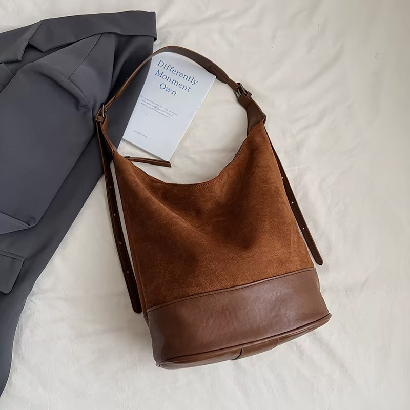 Sac à bandoulière simple en Faux daim + cuir Pu pour femme, sac à main marron, seau de grande capaci