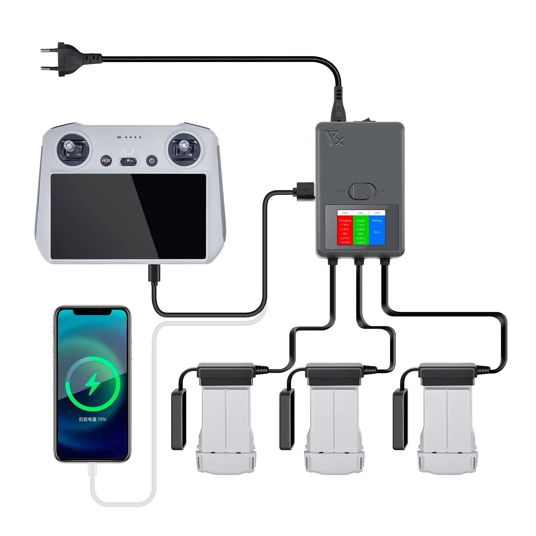 Chargeur de batterie à affichage numérique pour Mini 4 Pro 3 en 1, Hub de charge de batterie de Dron