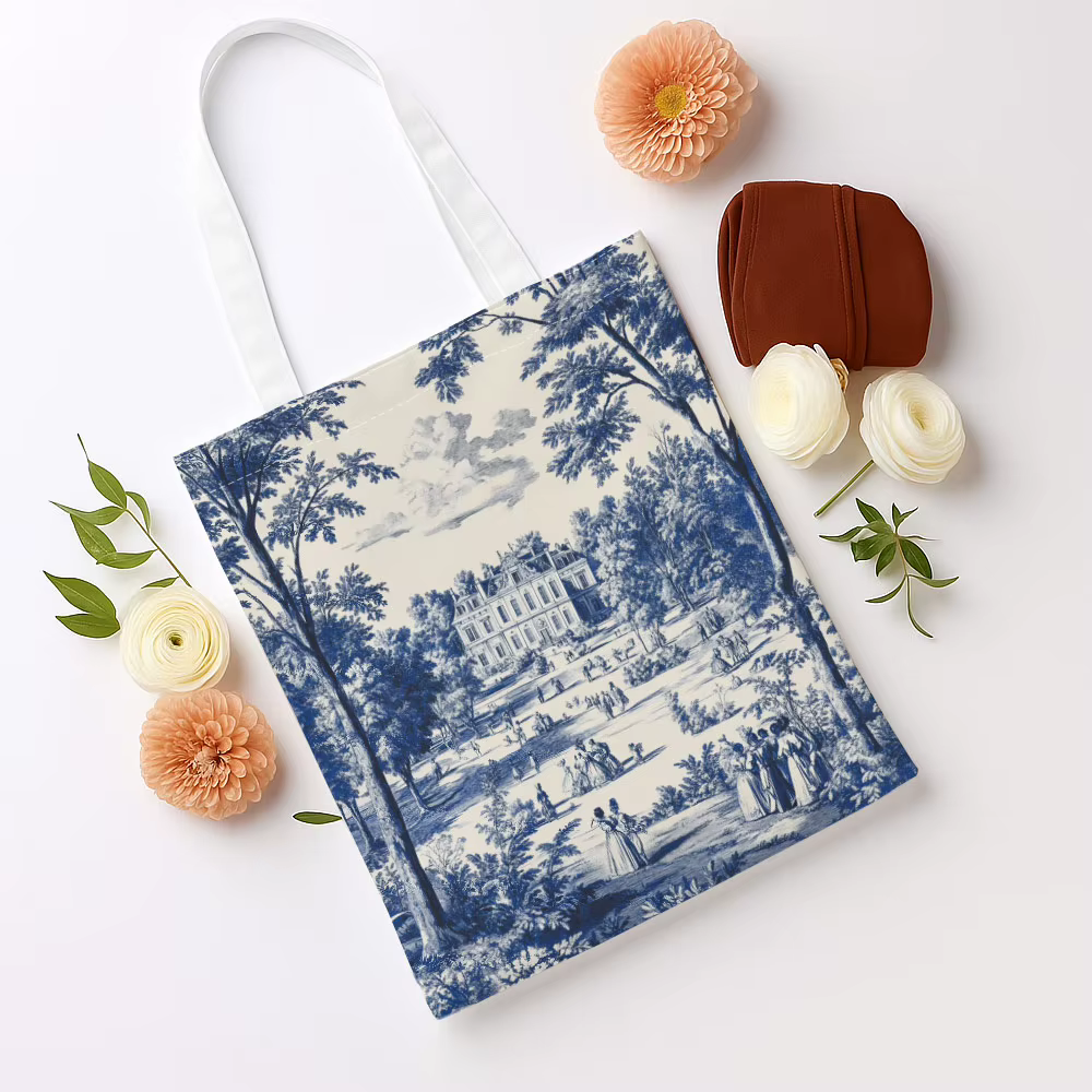 Sac fourre-tout imprimé paysage de château bleu et blanc, 1 pièce, sac de courses réutilisable, adap