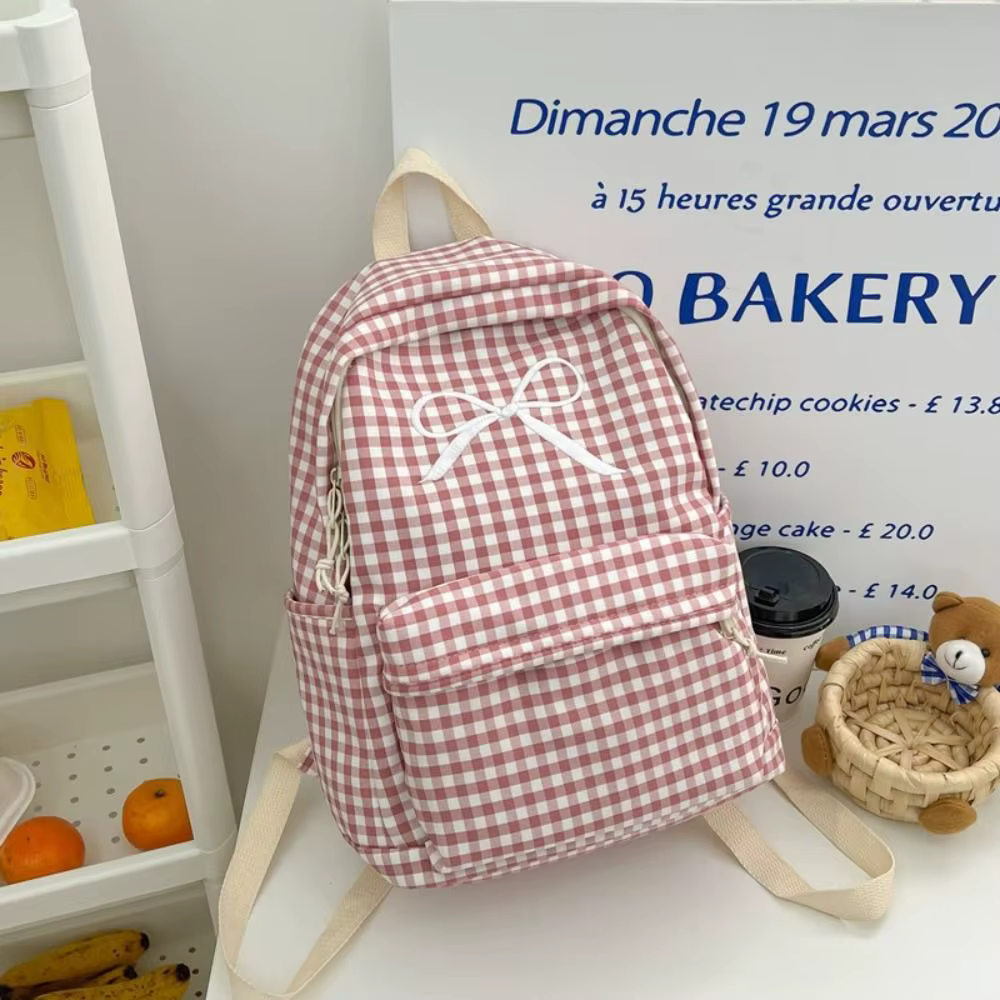 Sac à dos scolaire en nylon grande capacité, couleur unie, style coréen, avec nœud en treillis, pour