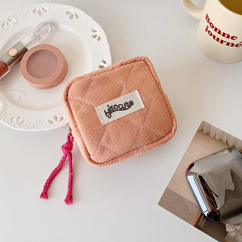 Mini pochette de rouge à lèvres à carreaux Chic avec compartiment, trousse de maquillage Portable po
