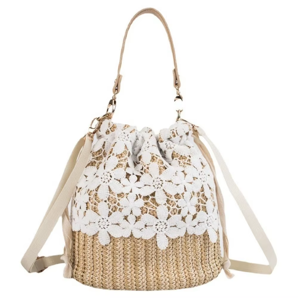 Sac à bandoulière élégant en paille et dentelle, sac fourre-tout bohème tressé à fleurs, sac seau gr