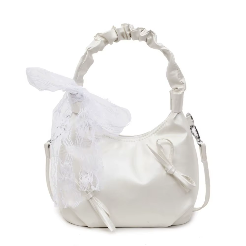Sac à main Sweet Cloud Evening beige plissé avec nœud en PU, sac à bandoulière style coréen avec rub