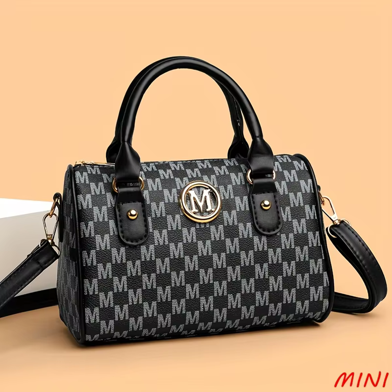 Women Alphabet Shoulder Bag with Golden "M" Logo, Synthetic Faux Leather Small Crossbody Bag for Wor