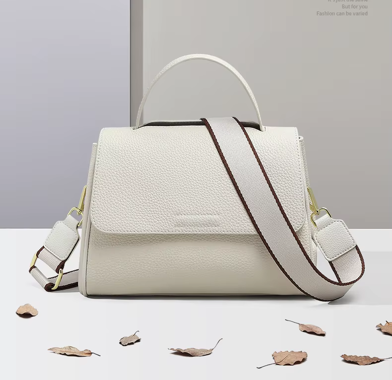 Sac messager beige blanc à 2 sangles pour femme, 100% cuir de vache, poignée supérieure, sac à main