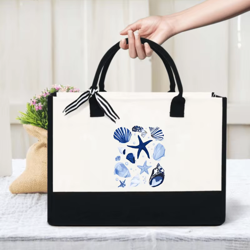 Sac fourre-tout en toile, sac de shopping de plage imprimé étoile de mer crème et coquillage noir