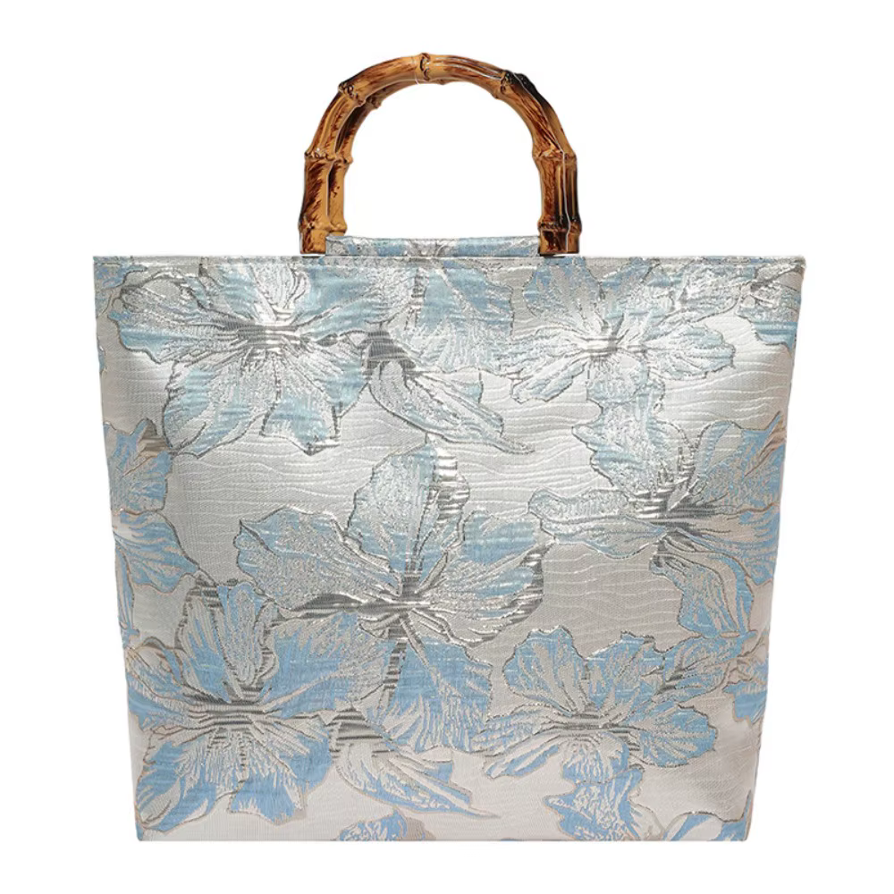 Sac fourre-tout en toile jacquard avec poignée en bambou, accessoires Cheongsam, sac à main de style