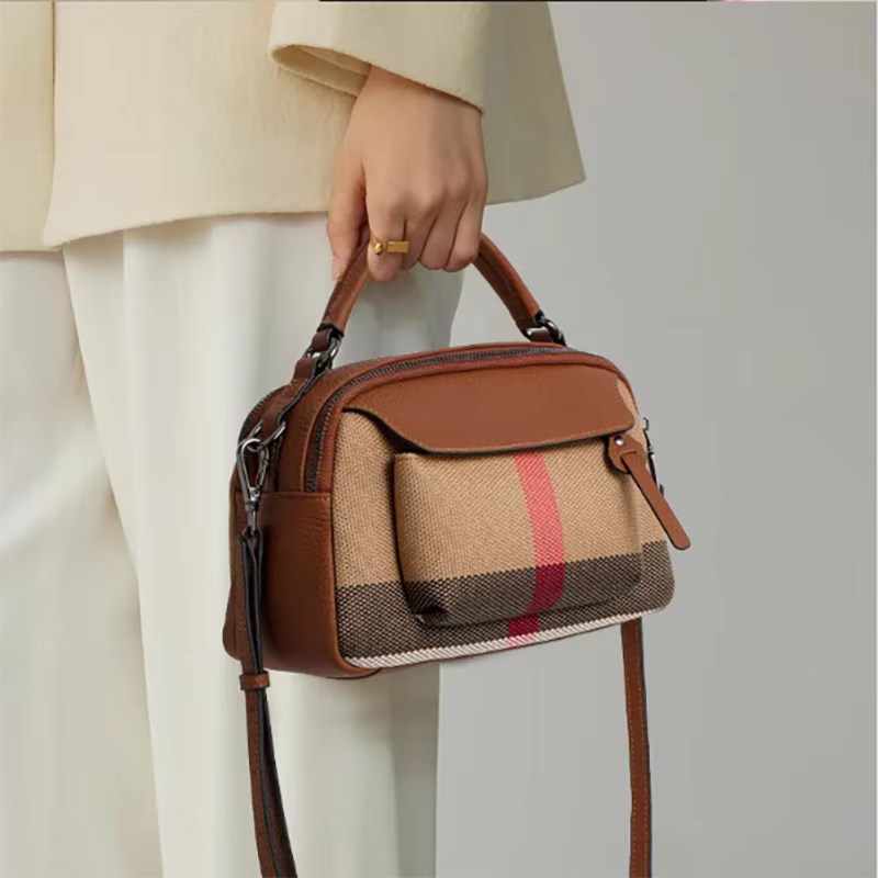 Sac fourre-tout vintage à carreaux pour femme - Toile de qualité - Mélange de cuir, haut élégant - S