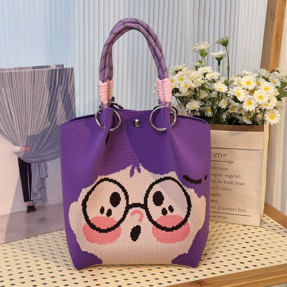 Sac fourre-tout portable en tricot pour chat, sac à main en tricot imprimé ours de dessin animé, sac