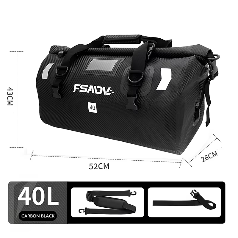 Sac arrière étanche noir carbone pour moto, sac de voyage en plein air 40/66l, sac à dos pour siège 