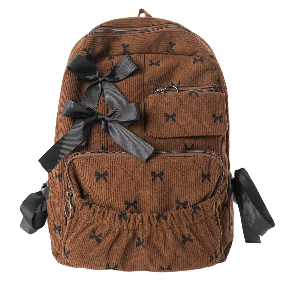Sac à dos en velours côtelé avec nœud, design soyeux, couleurs contrastées, sac d'école pour étudian