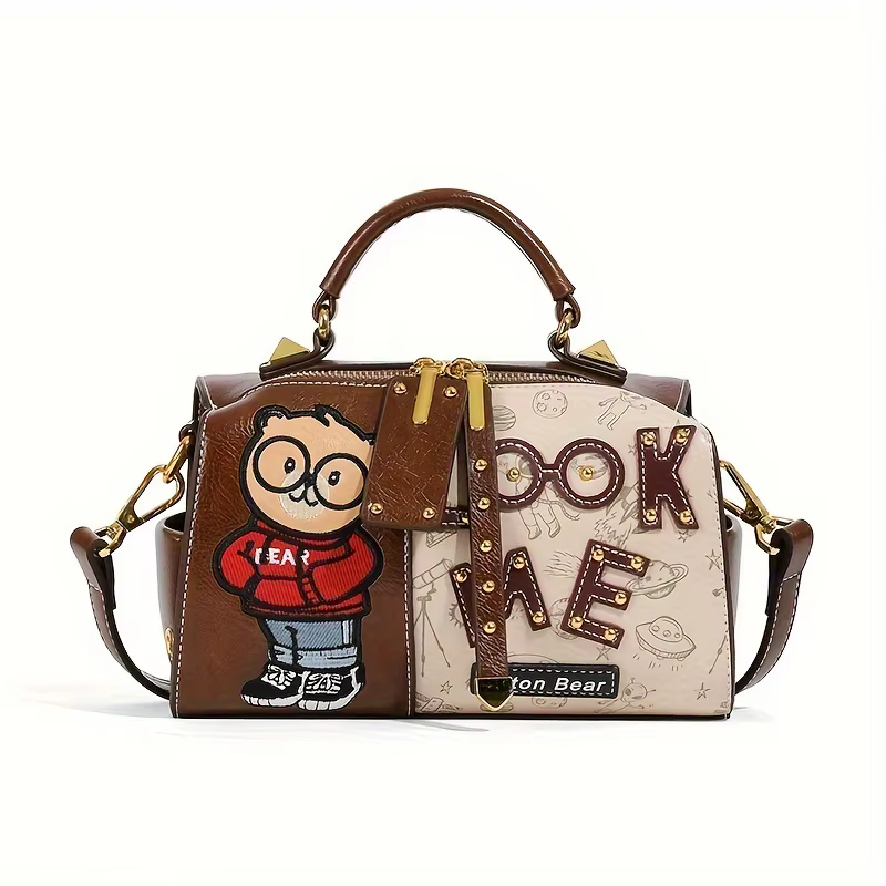 Sac à main Boston polyvalent imprimé ours en peluche à la mode, sac à bandoulière simple de grande c