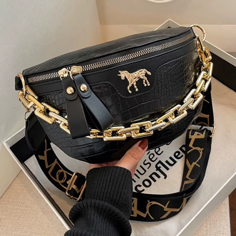 Luxueux sac banane doré pour les sorties quotidiennes, élégant, texture croco, Compact, léger, polyv