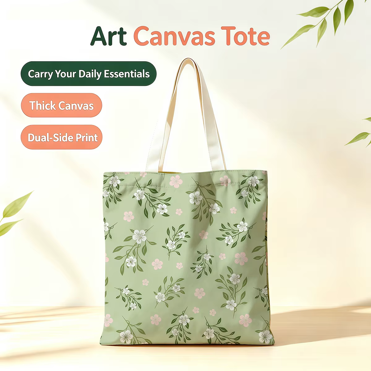 Sac fourre-tout vintage vert sauge à motifs floraux, imprimé double face, sac écologique pour l'écol