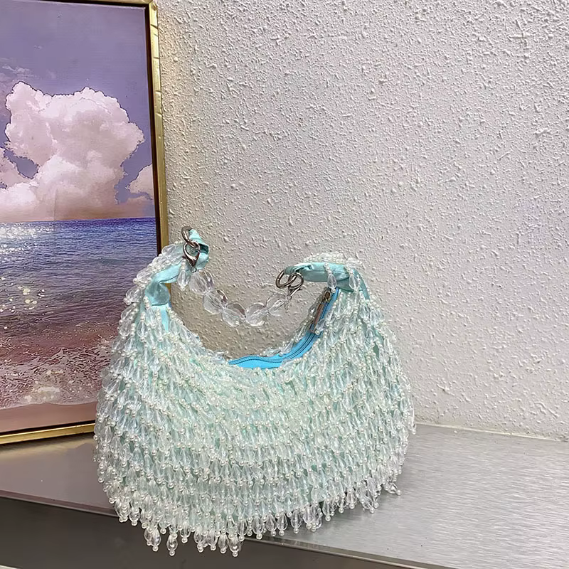 Été frais doux bleu clair à la main perlé frange Design élégant dame dîner sac Chic robe de soirée s