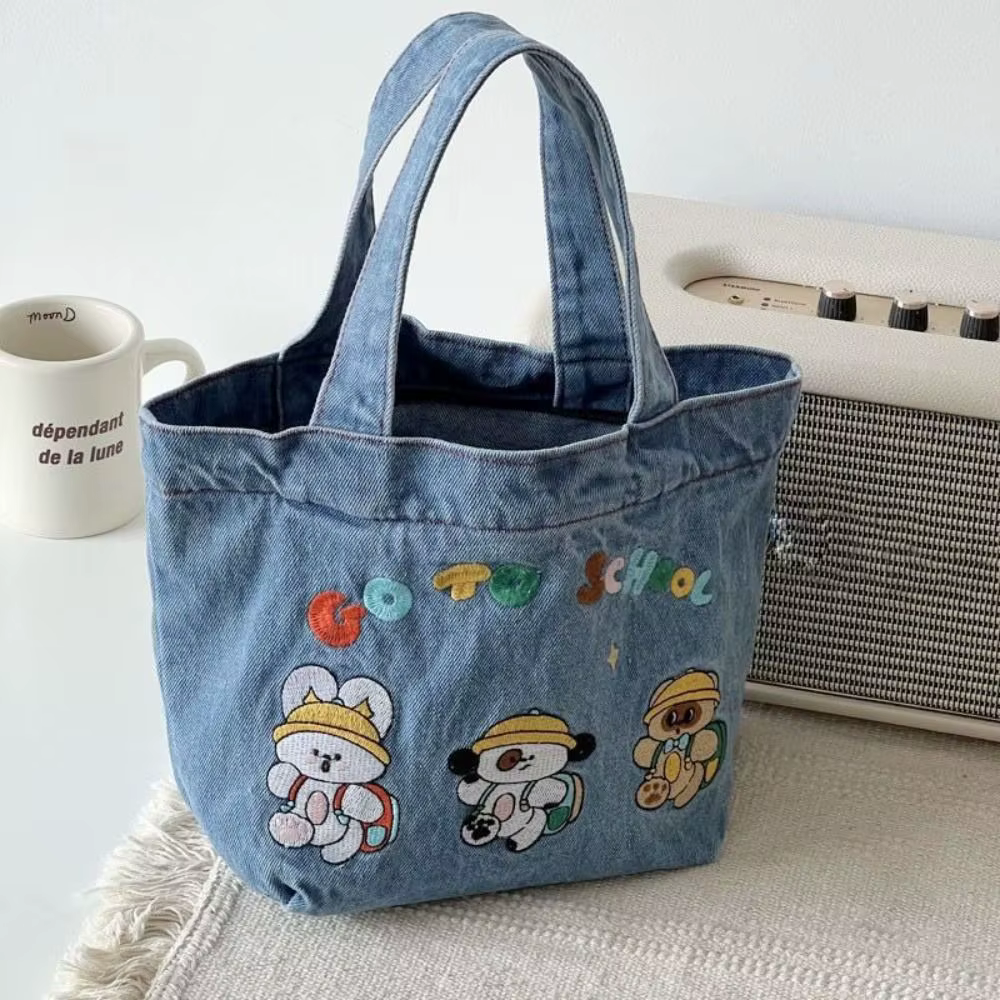 Sac à main en denim délavé à la mode, fourre-tout portable, motif de dessin animé mignon, sacs à lun