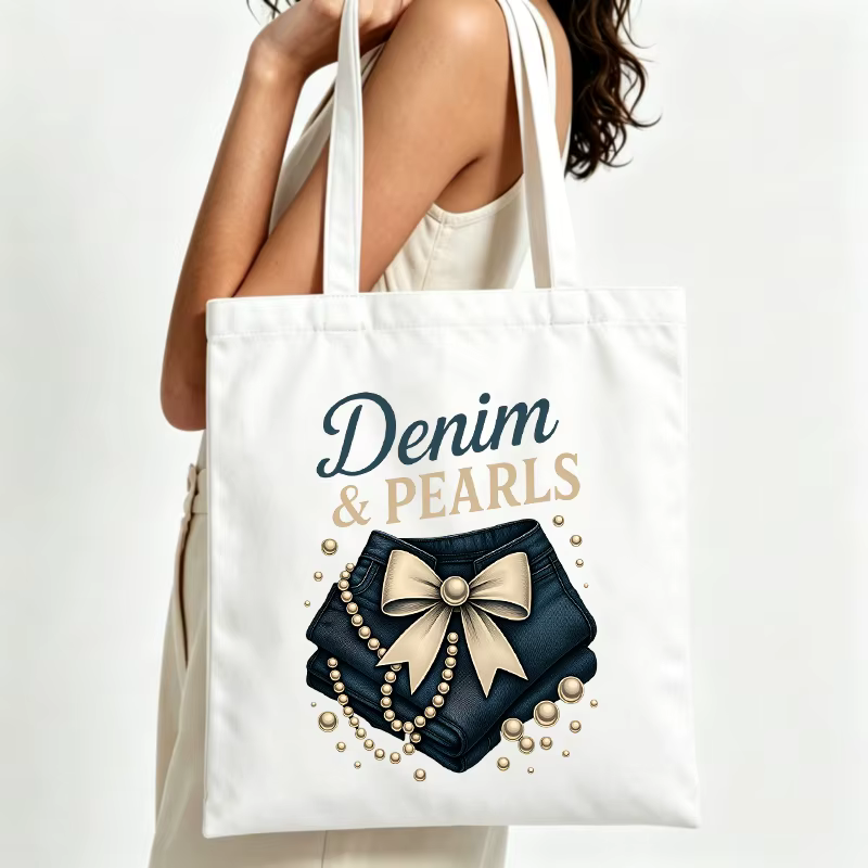 Sac fourre-tout en toile graphique avec denim et perles pour femme, style décontracté pour les cours