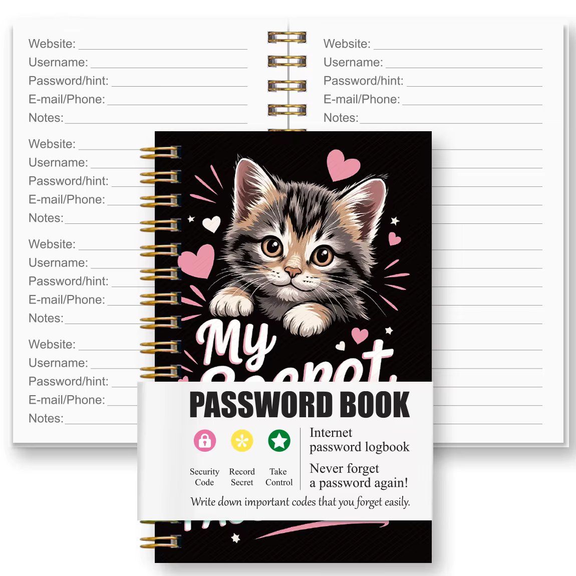 Mini carnet de mots de passe avec couverture chat mignon, carnet de mots de passe à spirale, 180 pag