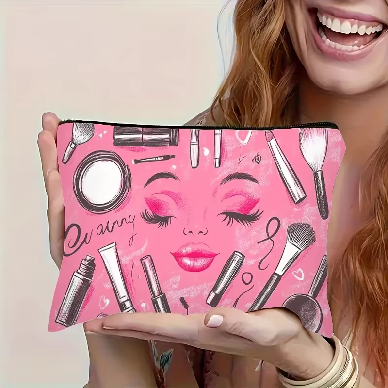 Un sac de maquillage rose pour élément cosmétique – Jolie pochette multifonctionnelle à fermeture éc