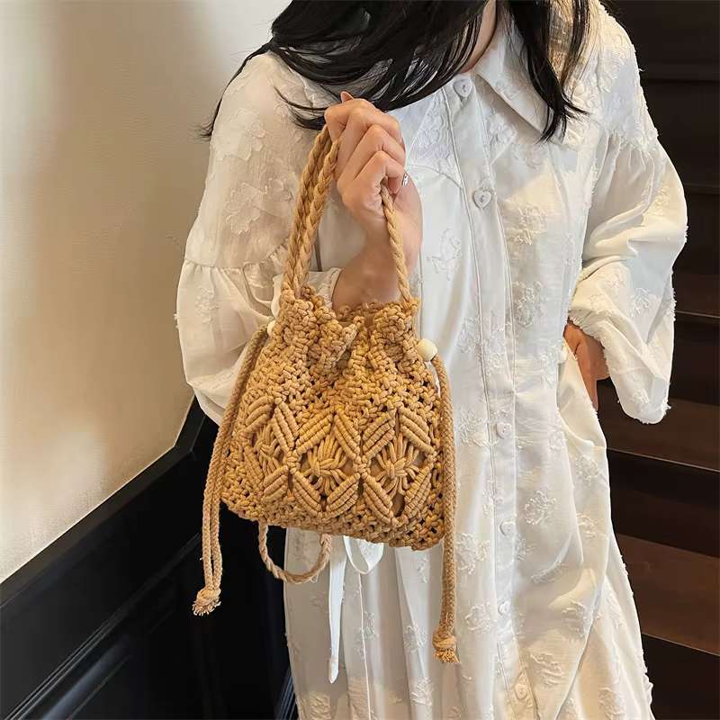 Sac seau creux tissé à la main kaki blanc pour femmes, nouveau sac de plage classique Simple, sac à 