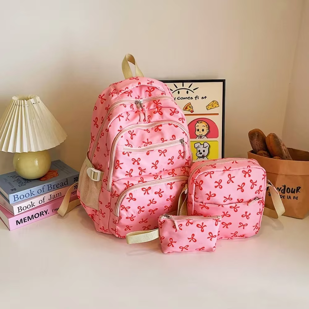3 pièces/ensemble mignon grande capacité arc sac à dos nœud imprimé Nylon sac d'école sangle réglabl