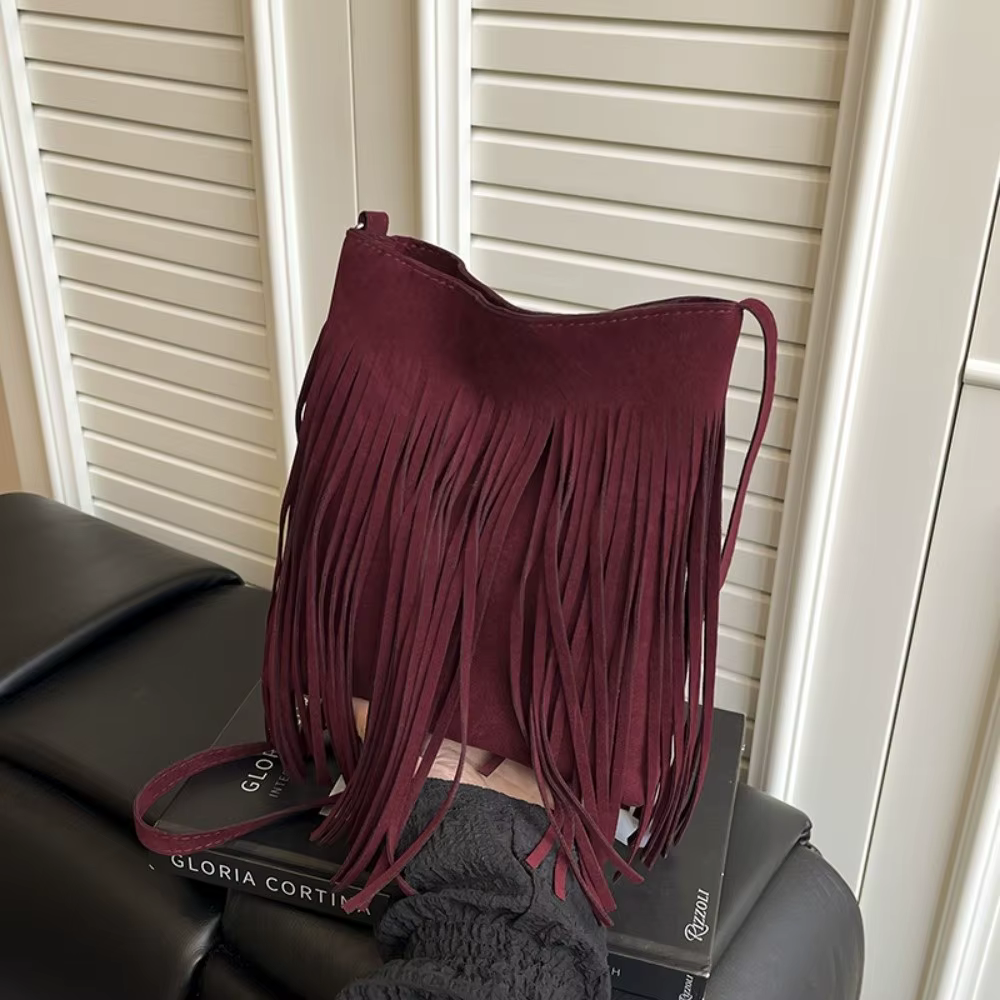 Sac bandoulière rétro à franges grande capacité style vintage bohème, sacoche messager à franges