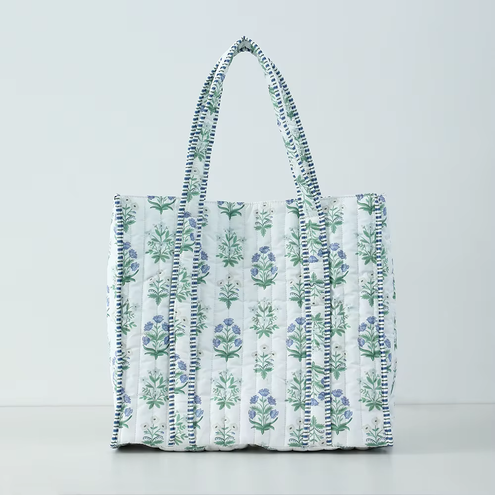 Sac fourre-tout matelassé à fleurs pour femmes, avec doublure rayée, sac à main réversible pour voya