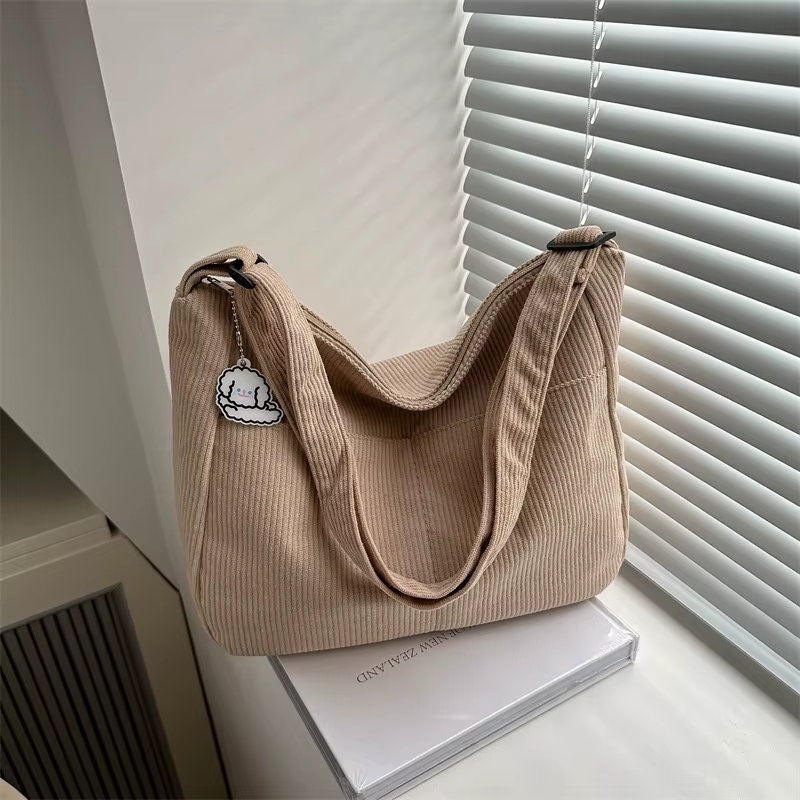 Sac à bandoulière en velours côtelé pour femmes, fourre-tout décontracté rayé de grande capacité ave