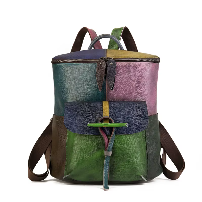Sac à dos Patchwork en cuir véritable pour femme, sacs à bandoulière en cuir de vache véritable, fou