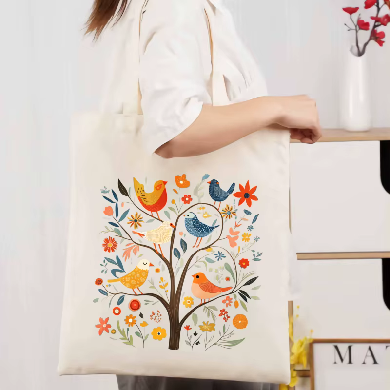 Sac fourre-tout en toile crème, arbre à motifs d'oiseaux et de fleurs, adapté à un usage quotidien