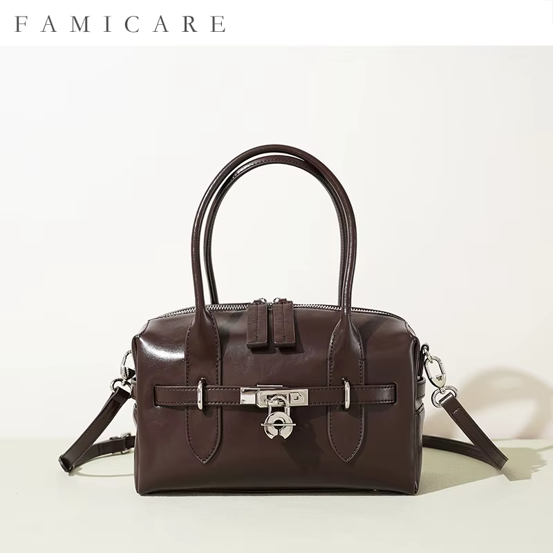 Sac à main Boston en cuir de Grain pour femmes, sac à main spacieux avec serrure, sac à bandoulière 
