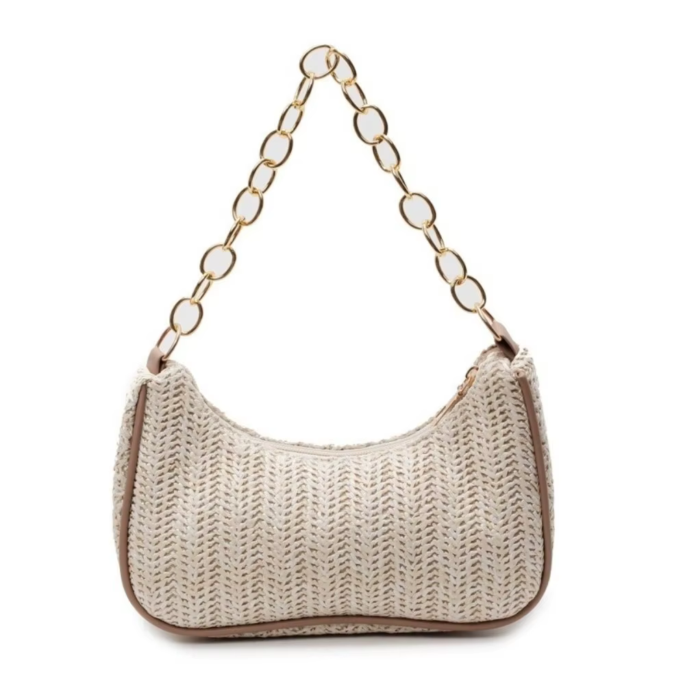 Sac à bandoulière élégant en paille style bohème, sac de plage carré à fermeture éclair, pochette de