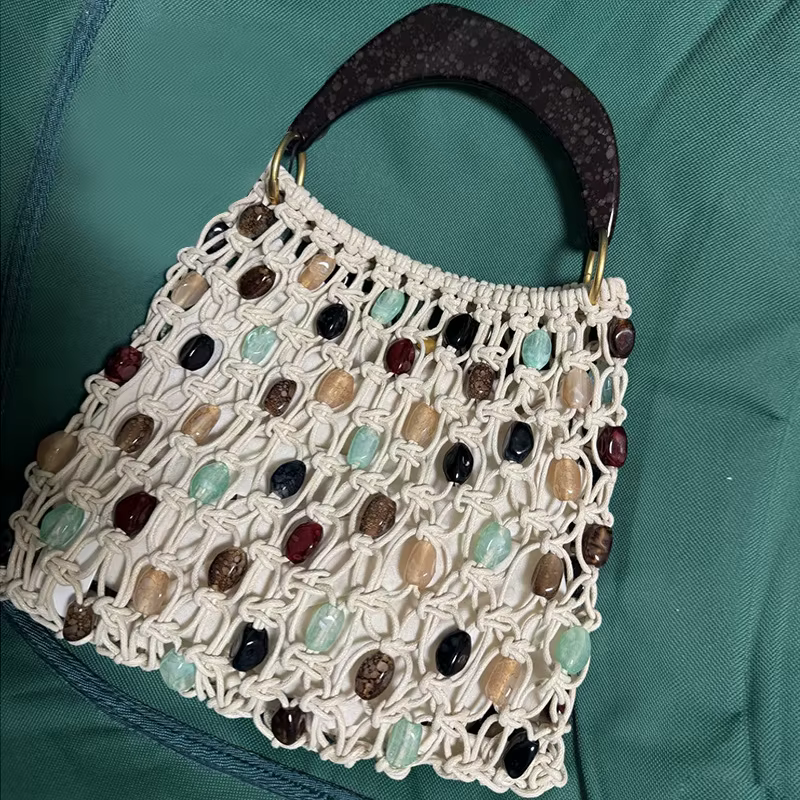 Sac à main rétro tissé à la main avec perles creuses pour femmes, sac à main de luxe haut de gamme é