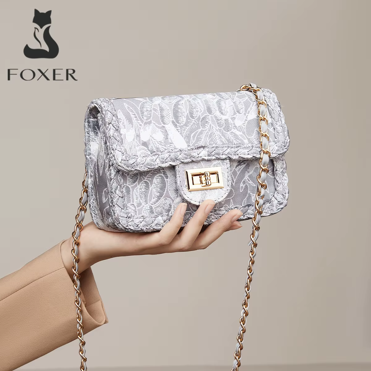 FOXER Sac bandoulière de luxe avec broderie florale pour femme – Sac à bandoulière élégant avec chaî