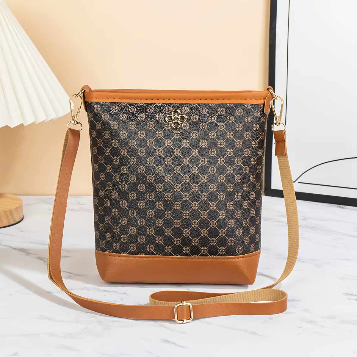 Sac seau à imprimé géométrique vintage, sac bandoulière pour femme à motif à pois, tendance et polyv