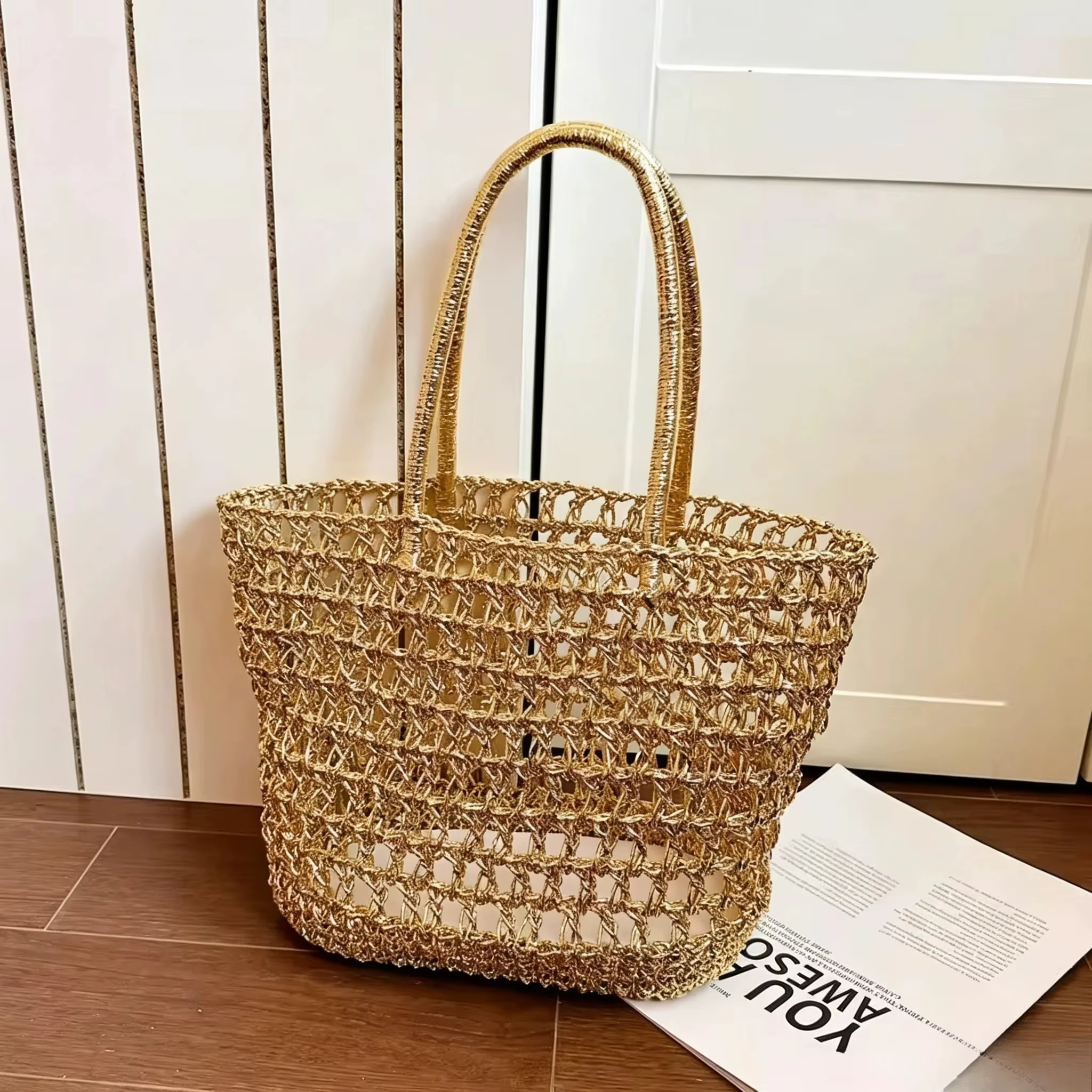 Sac fourre-tout doré tressé à la main ajouré, style rétro américain, sac à bandoulière pour femme, s